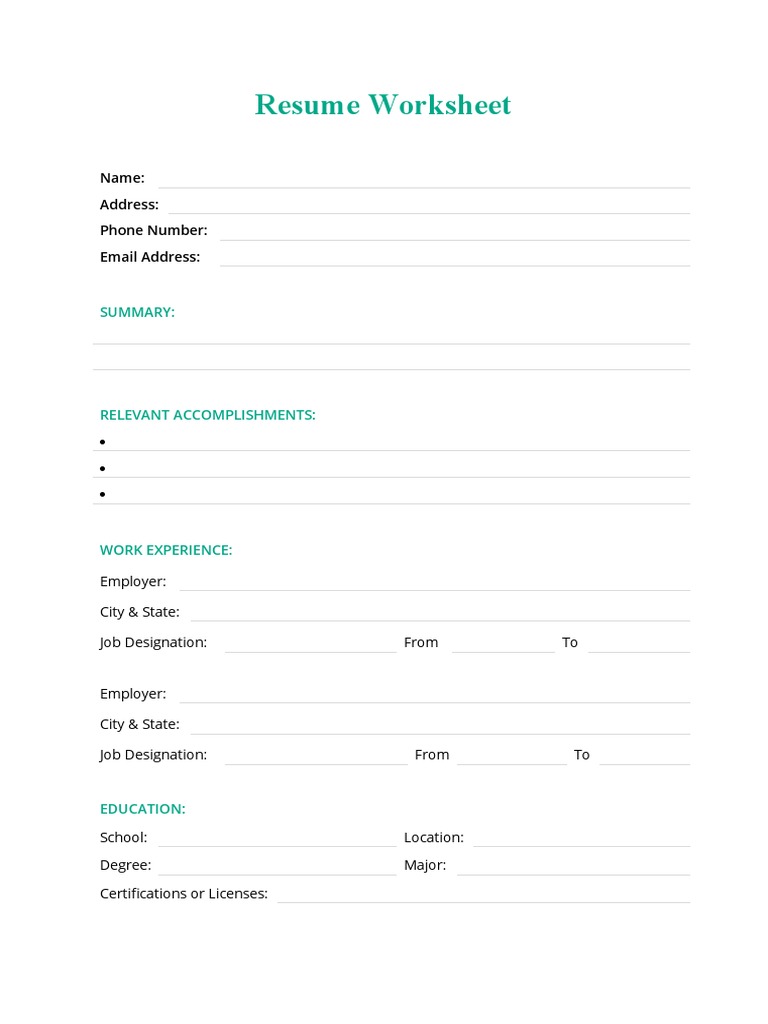 Resume Worksheet Template PDF Resume Worksheet Template PDF