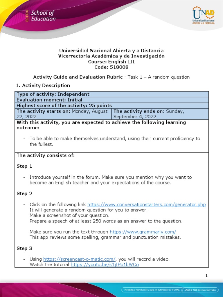 Activity Guide and Evaluation Rubric - Task 1 - A Random Question | PDF ...