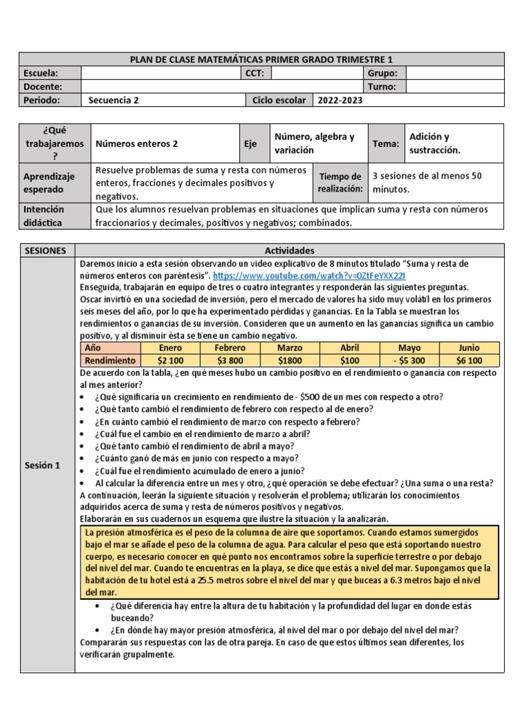 Plan de Clase: Suma y Resta 1° Grado | PDF | Sustracción | Entero