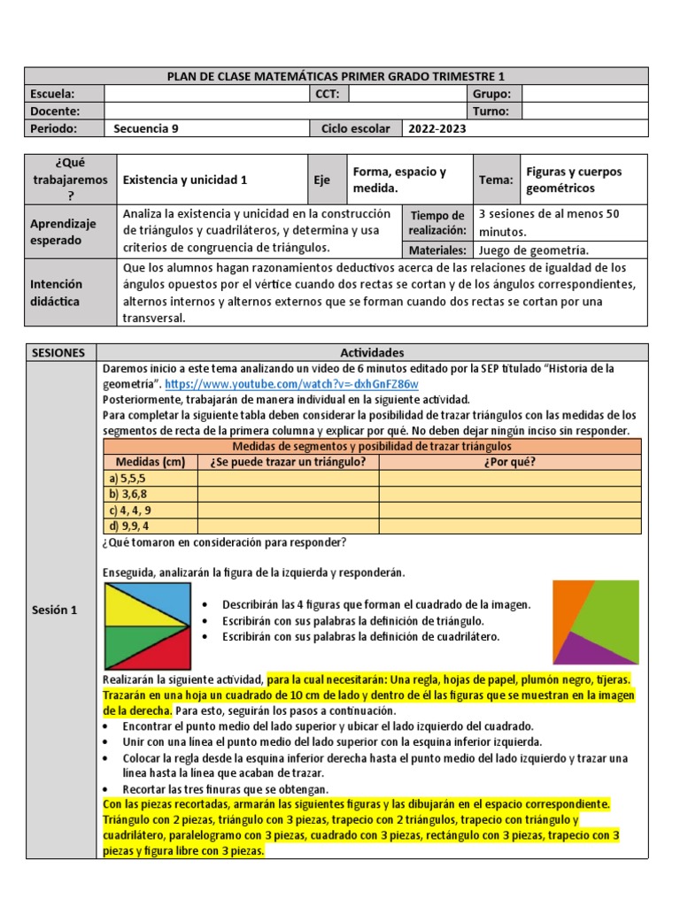 Plan de clases de matemáticas para primer grado sobre figuras ...