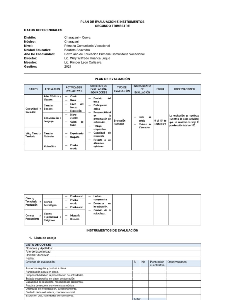 Plan de Evaluación Primaria 2021 | PDF | Evaluación | Comunicación