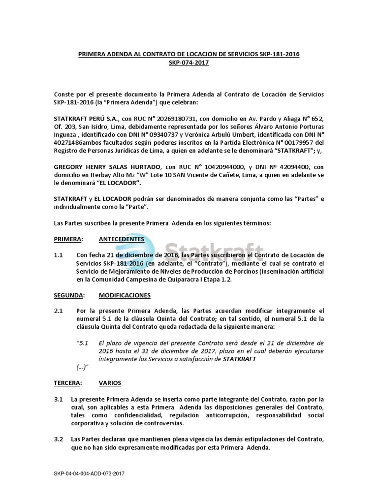 Primera Adenda Contrato Locación Servicios | PDF | Finanzas y dinero ...