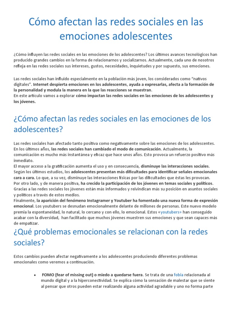 Impacto emocional de redes en adolescentes | PDF | Las emociones ...