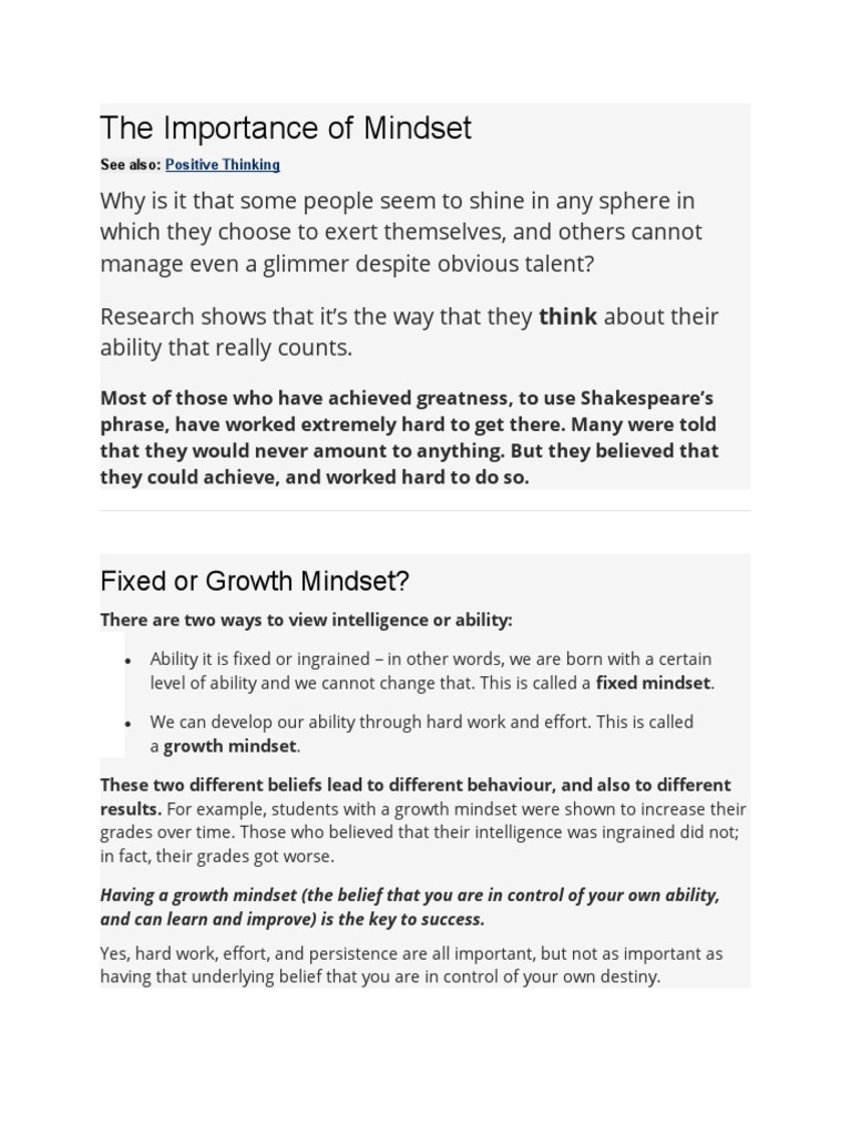 The Importance Of Mindset Pdf Mindset Neuroplasticity