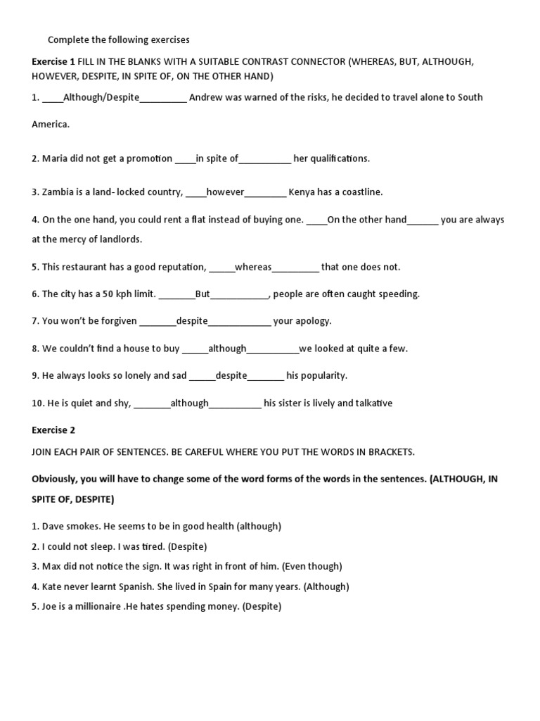 CONTRAST CONNECTORS Activity PDF