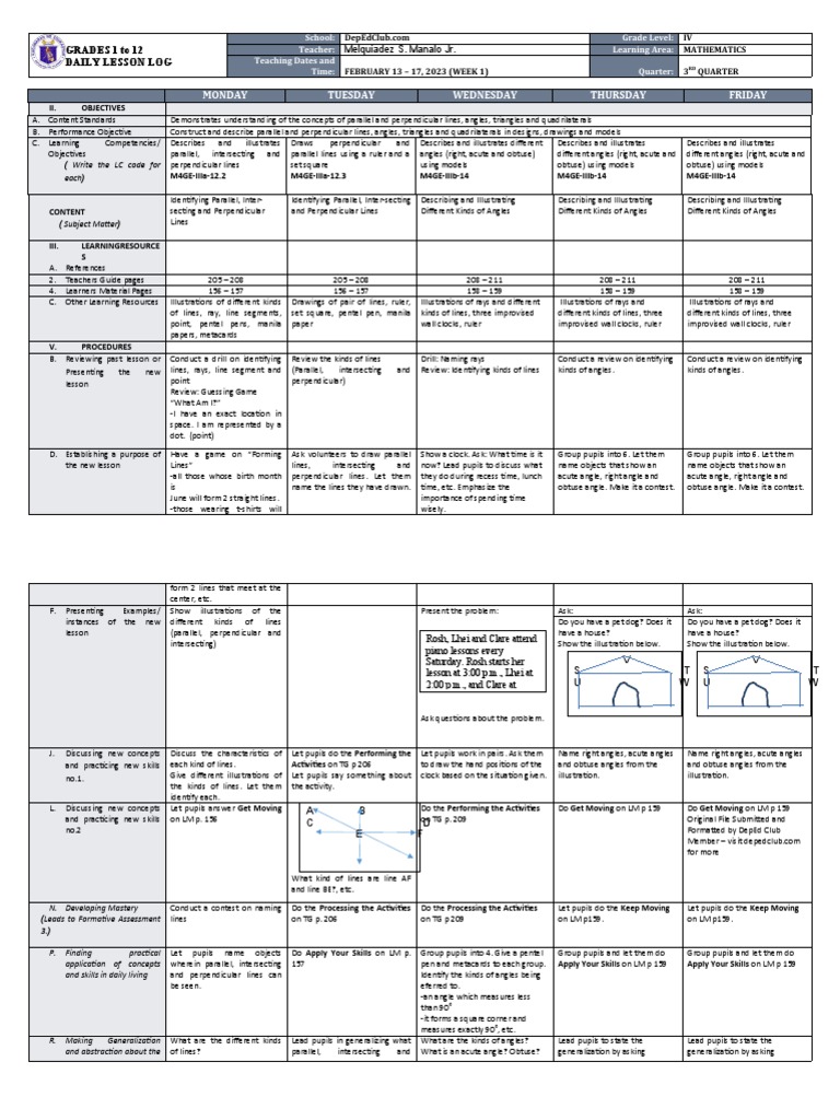 Grade 4 Math Daily Lesson Plan | PDF | Perpendicular | Angle