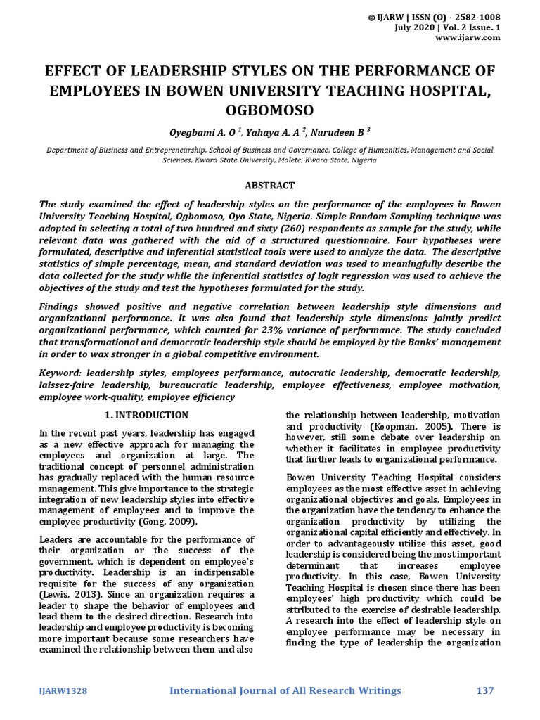 Effect of Leadership Styles On The Perfo | PDF | Leadership | Survey ...