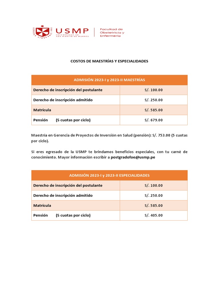 Costos de Maestrias y Especialidades 2023 | PDF