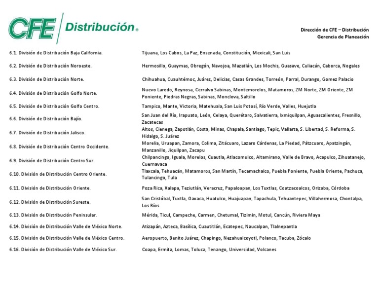 Divisiones de Distribución de CFE | PDF | México | América del Norte