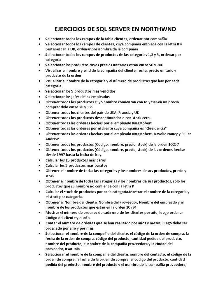 Ejercicios SQL Server Northwind | PDF | Informática | Gestión de datos