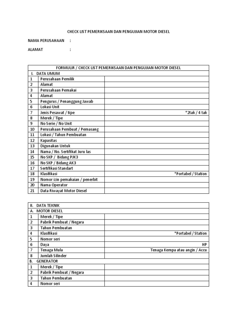 Checklist Pemeriksaan Motor Diesel | PDF | Teknologi & Rekayasa