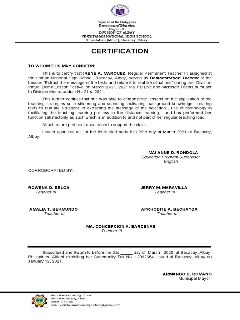 Certification Corroboration Inset PDF Behavior Modification