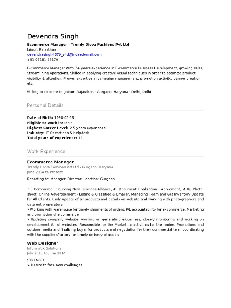 E-commerce Manager Resume - Devendra Singh | PDF