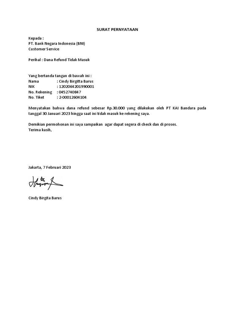 Surat pernyataan bni cindy birgita barus pdf