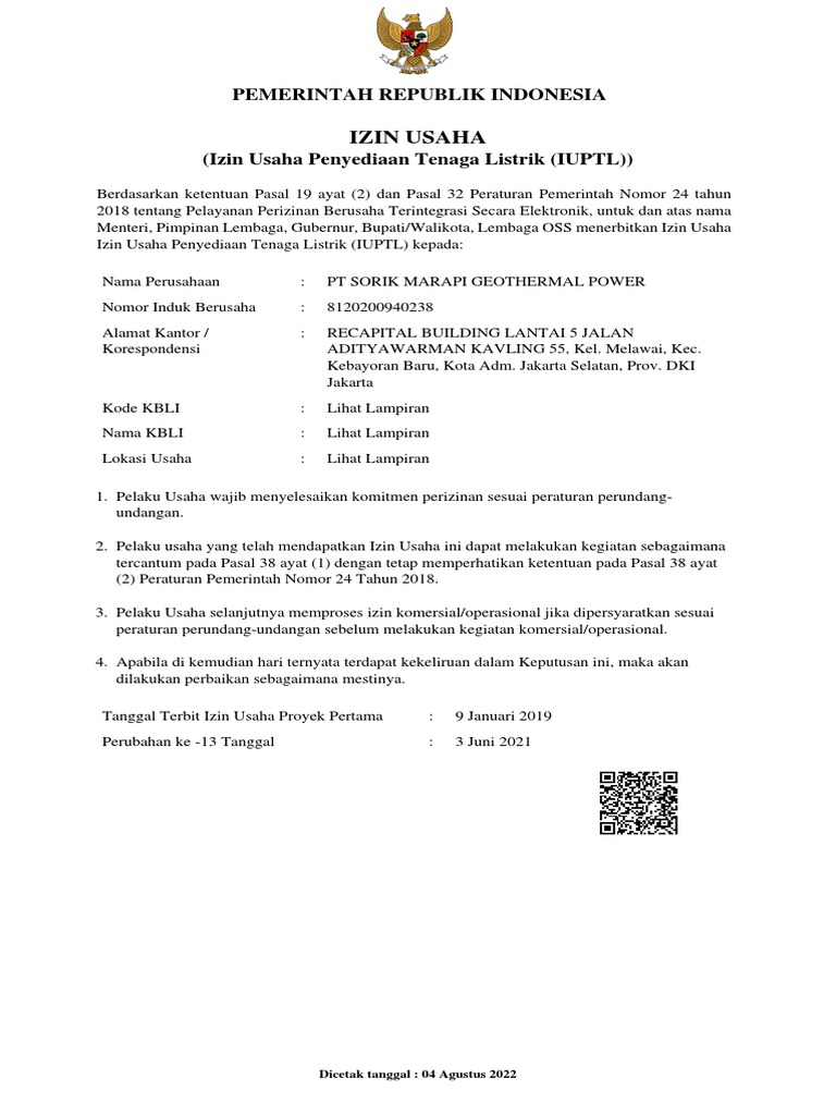 Izin Usaha PT Sorik Marapi Geothermal | PDF