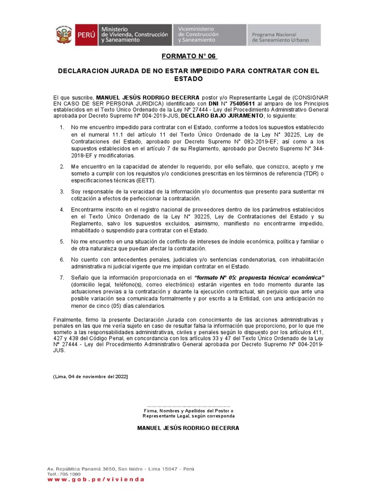 Formato #06 - Declaracion Jurada de No Estar Impedidos | PDF | Gobierno ...