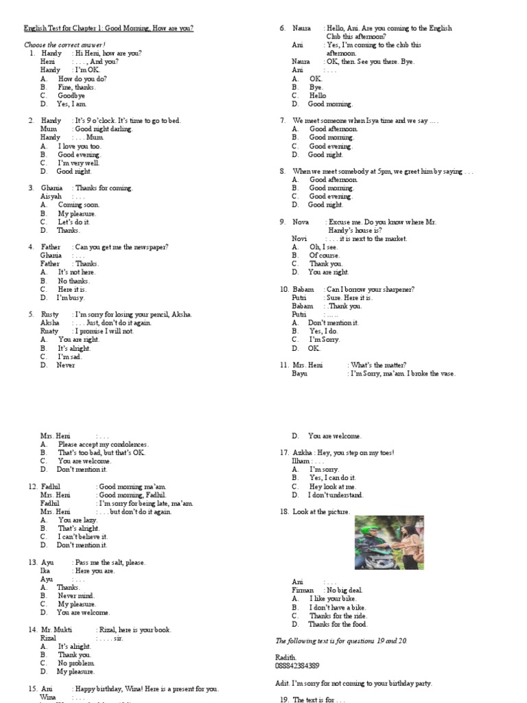 English Test For Chapter 1 - VII | PDF
