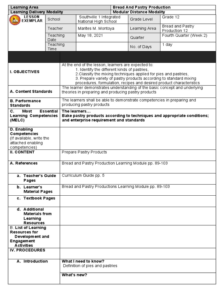 Grade 12 Pastry Production Lesson Plan | PDF | Cooking | Food And Drink ...
