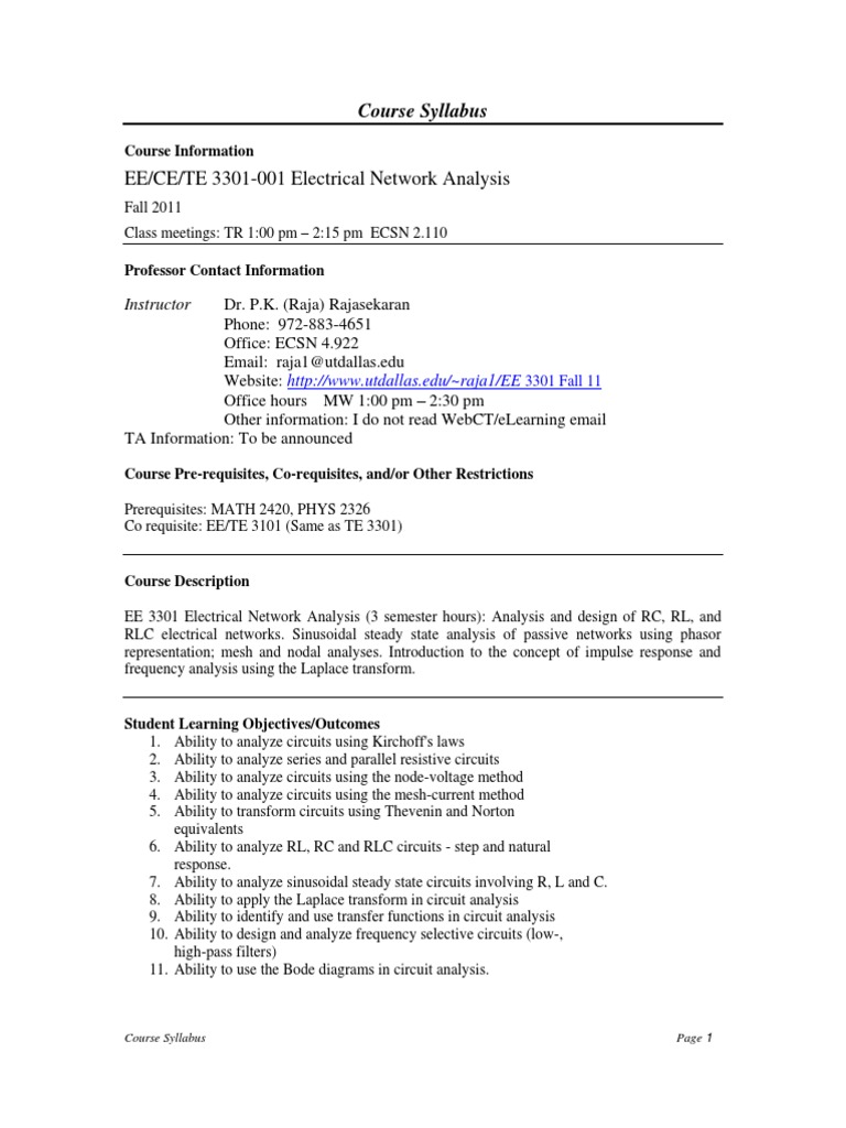 EE3301 Electrical Network Analysis Syllabus | PDF | Technology ...