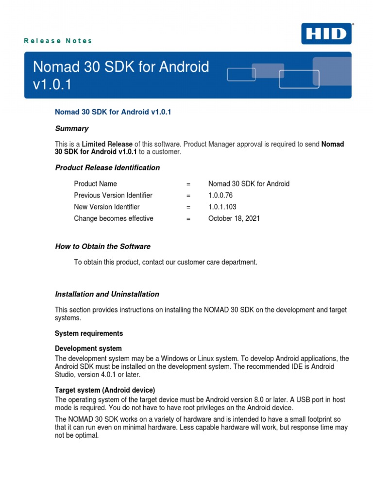 Nomad 30 SDK For Android Release Notes | PDF | Android (Operating ...