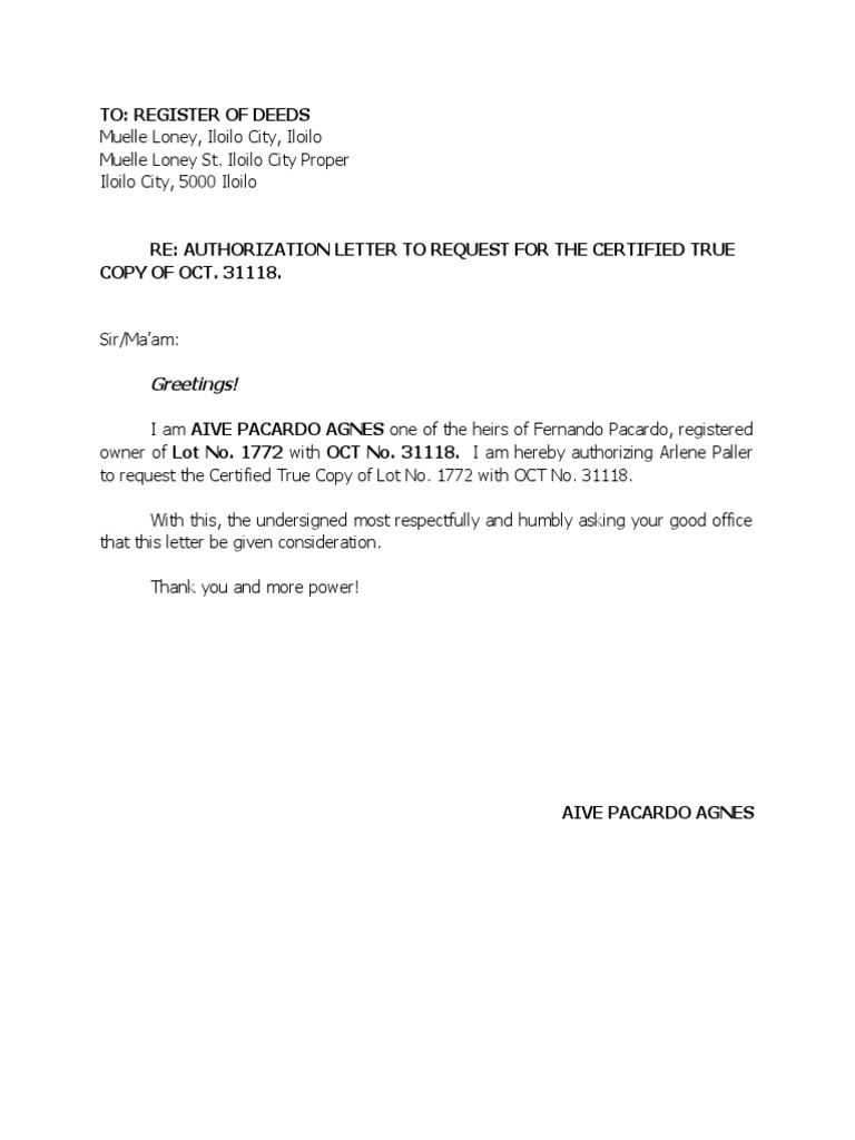 Authorization Letter for Land Title Copy | PDF
