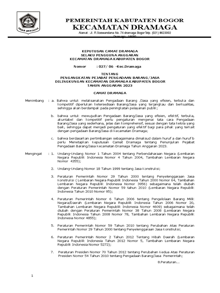 SK Pejabat Pengadaan Barang 2023 | PDF