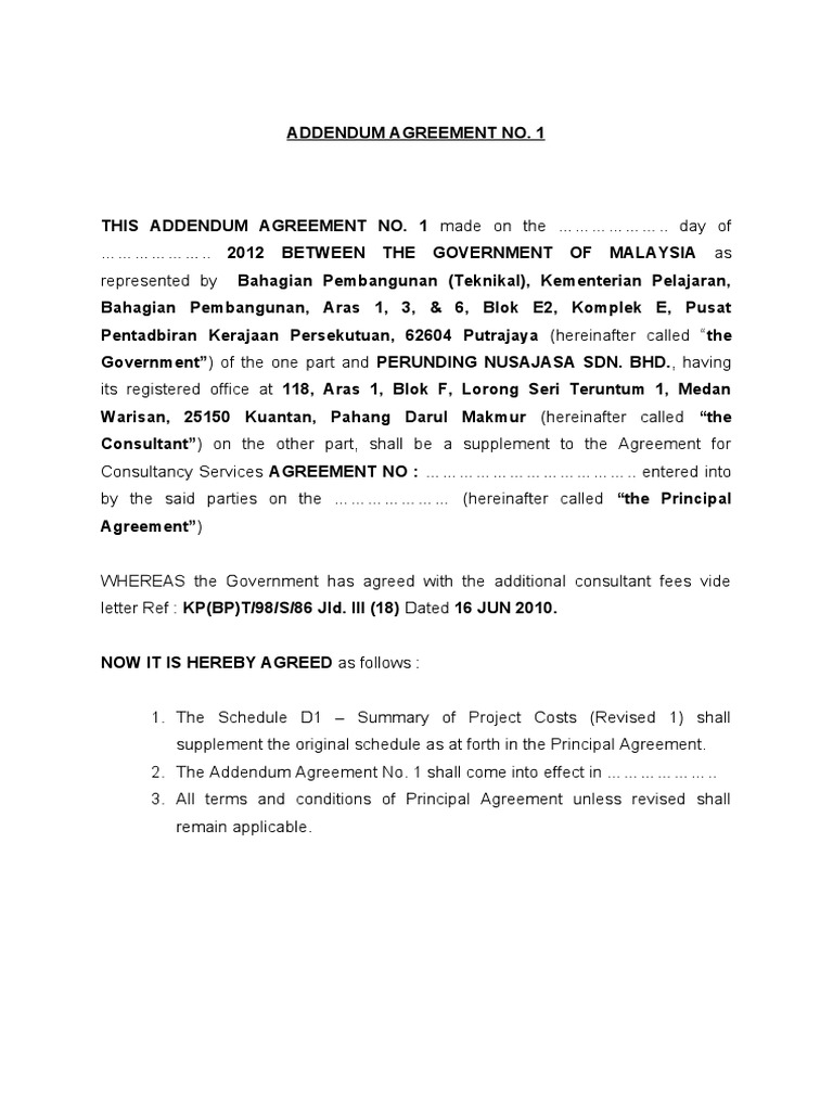 Addendum to Consultancy Agreement | PDF | Finance & Money Management
