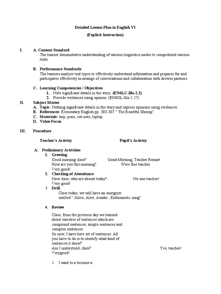 Detailed English Lesson Plan VI | PDF | Teachers | Lesson Plan
