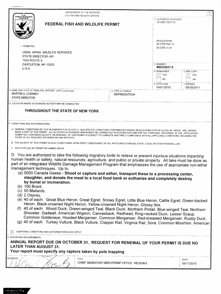USFWS Depredation Permit 9172010 Tetrapods Holarctic Birds