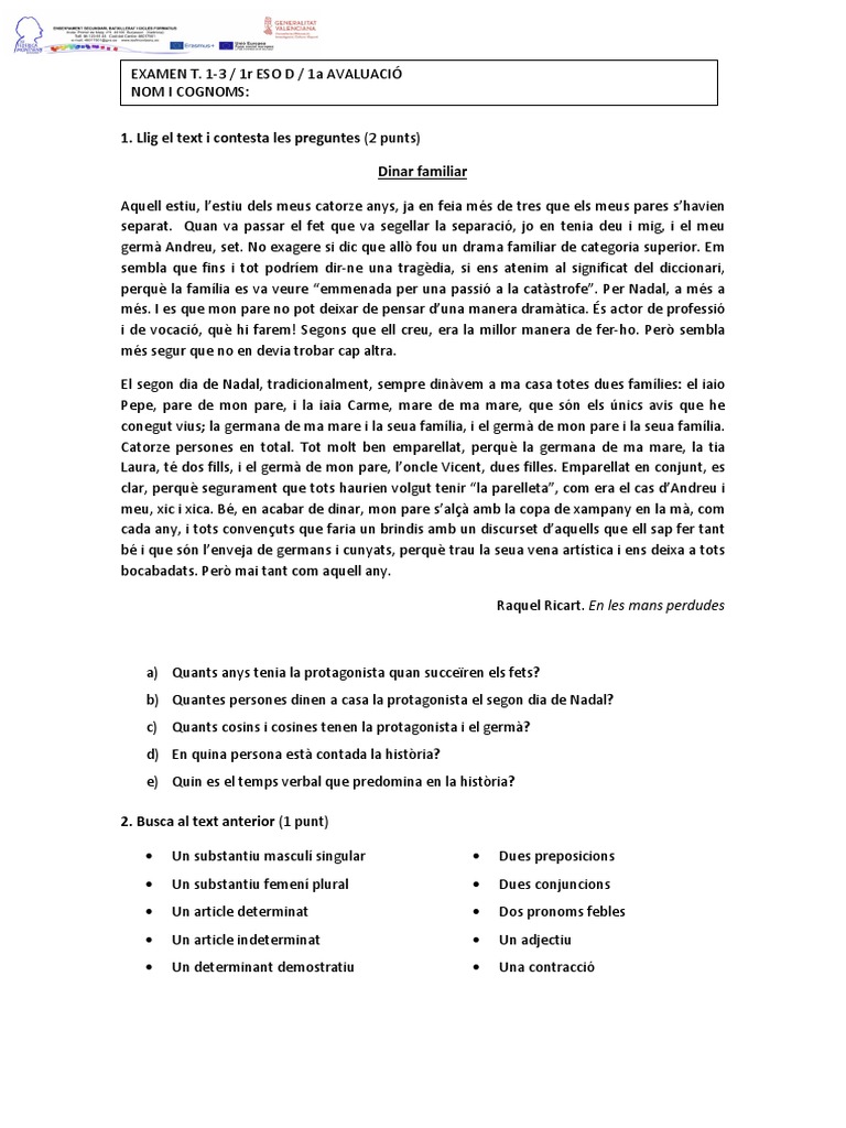 Examen Valencià Final 1a Avaluació 3ESO PDF PDF
