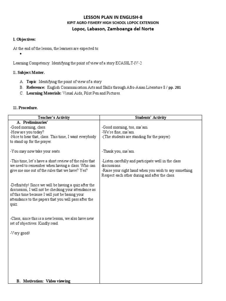 Point of View Lesson Plan for Grade 8 | PDF | Stress (Linguistics ...