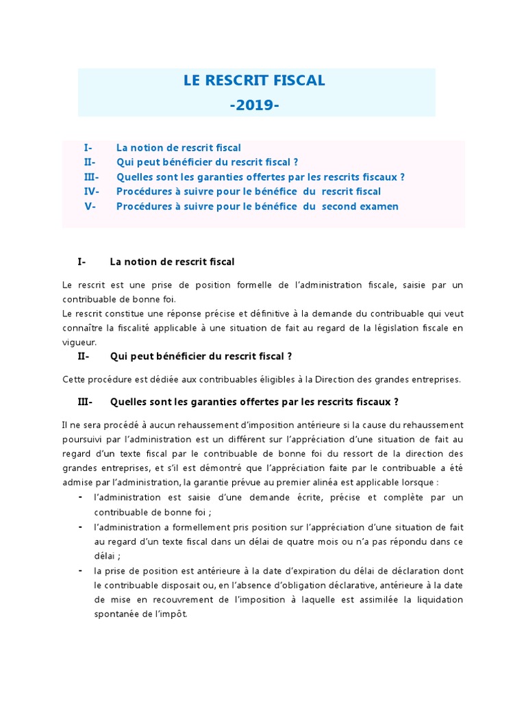 Le Rescrit Fiscal 2019 | PDF | Impôts | Gouvernement