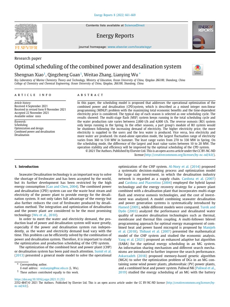 Optimal Scheduling of The Combined Power and Desalination System | PDF ...
