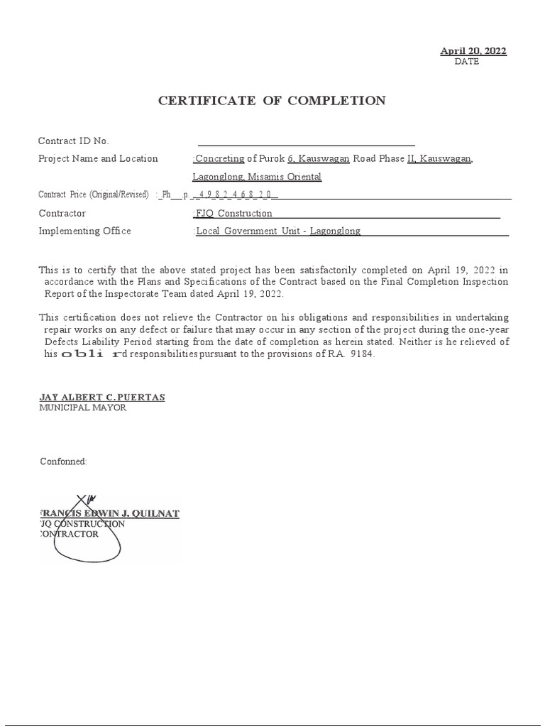 Completion Certificate for Barangay Road | PDF