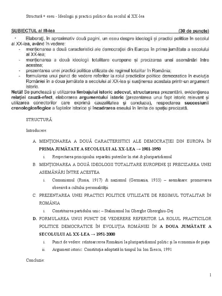 Structură + Eseu - Ideologii Și Practici Politice Din Secolul Al XX-lea ...