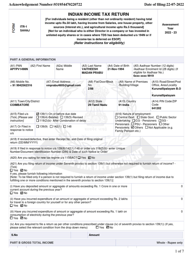 ITR-1 Income Tax Return for AY 2022-23 | PDF | Pension | Tax Deduction