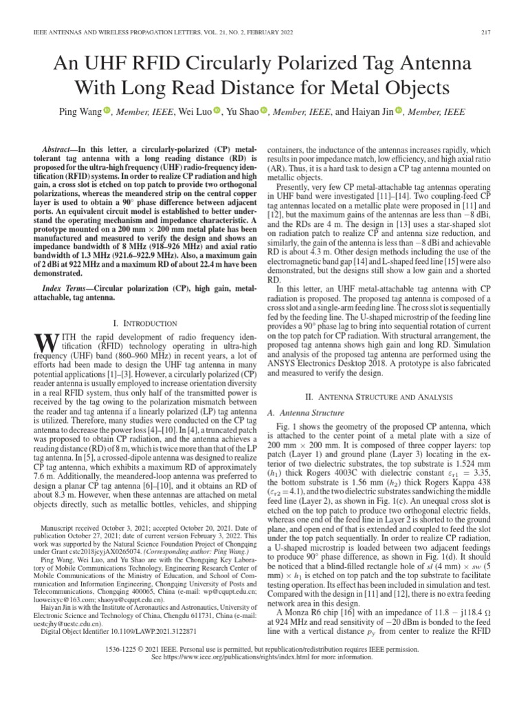 Wang 2022 An Uhf Rfid Circularly Polarized Ta | PDF | Science ...