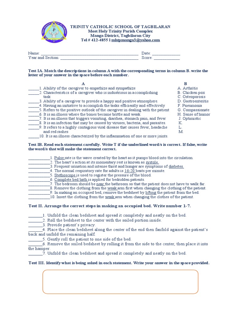 Caregiver Skills and Patient Care Test | PDF | Infection | Caregiver