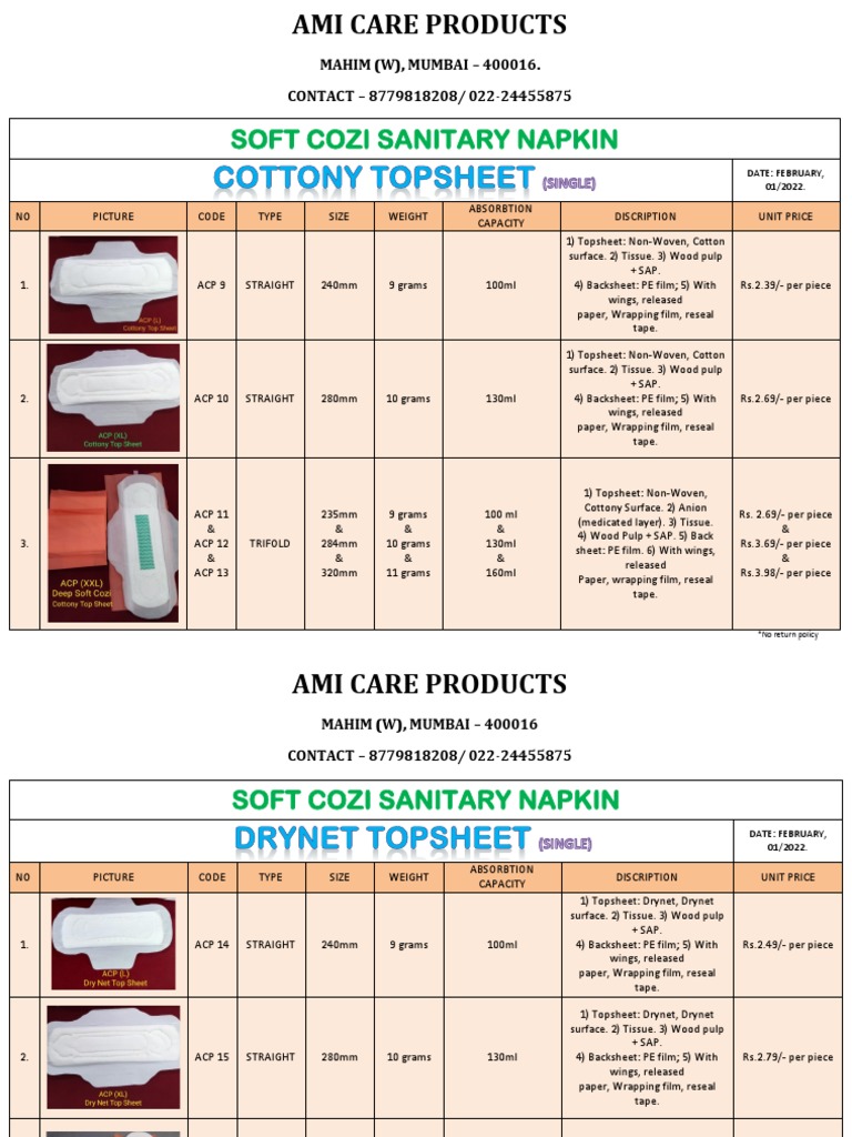 Soft Cozi Sanitary Napkin Price List February 2022 Specifications and