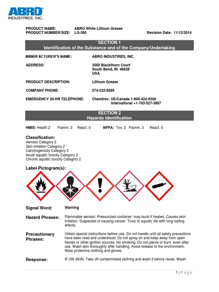 ABRO White Lithum Grease SDS PDF Waste Firefighting