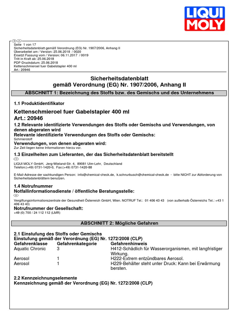 Security Datasheet 1885089 Liqui Moly 20946 Forklift Chain Lubricant