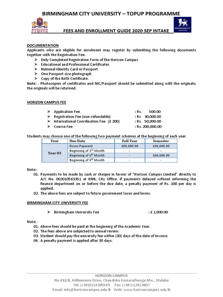 Fees Structure 2020 Sep BCU TOPUP Programme PDF Fee Payments