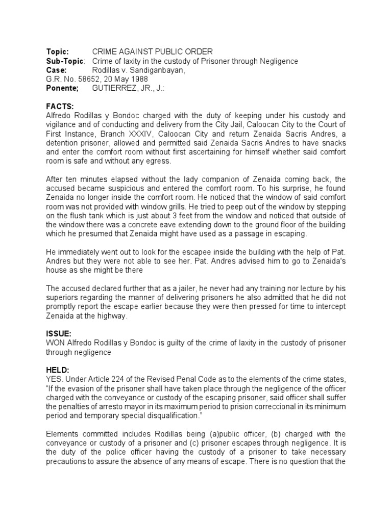 Rodillas v sandiganbayan case digest pdf prison negligence