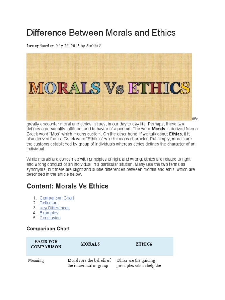 Difference between morals and ethics pdf morality truth