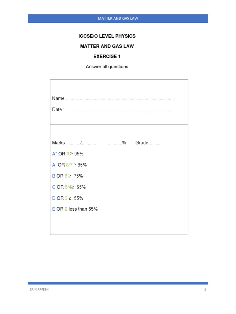 Exercise Matter and Gas Laws Exercise 1 PDF Gases Evaporation