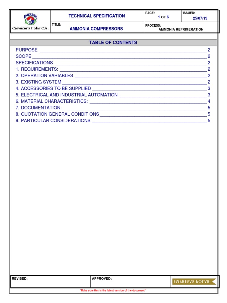 Ammonia Compressor Specifications for Cerveceria Polar | PDF ...