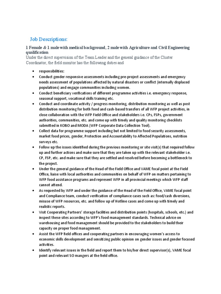 Field Monitor Job Descriptions PDF World Food Programme