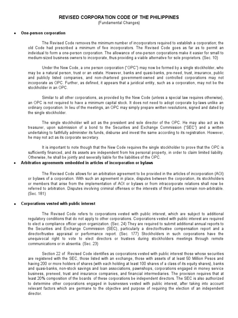 Revised Corporation Code Highlights | PDF | Corporations | Securities ...
