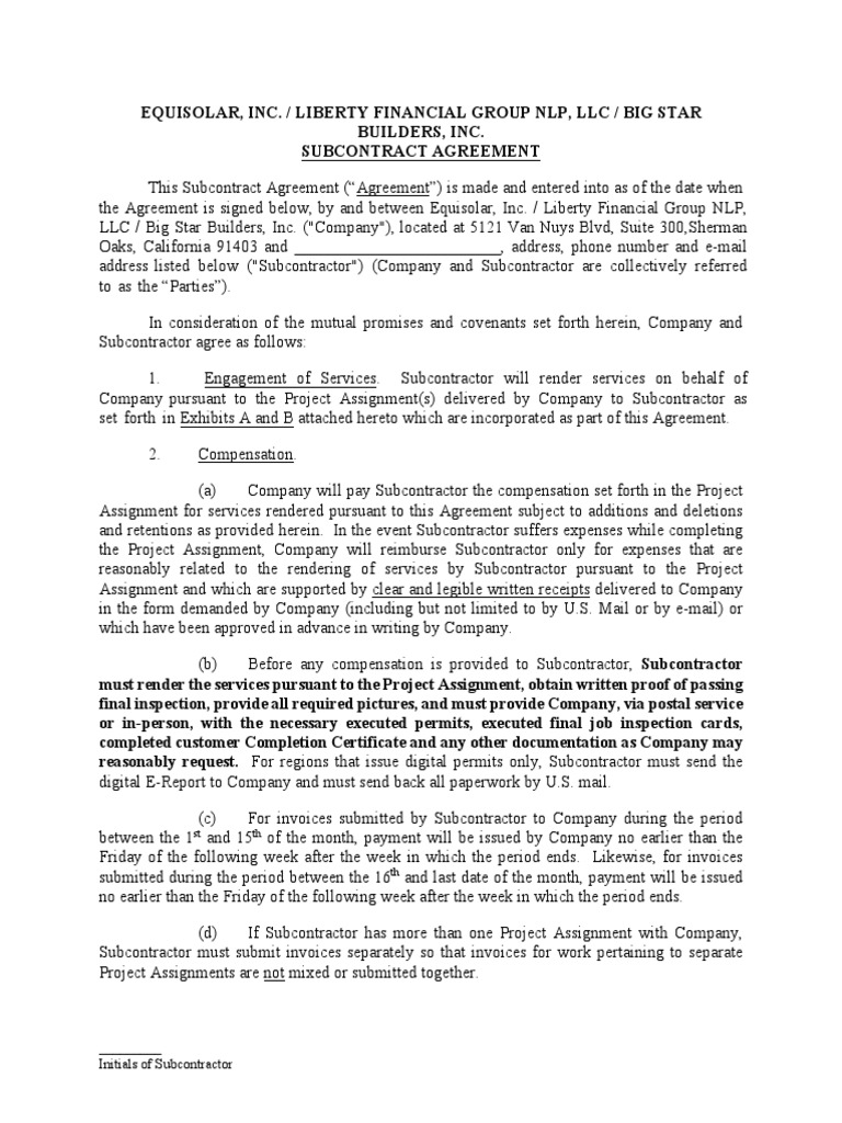 Equisolar Sub Contractor Agreement | PDF | Indemnity | Mediation