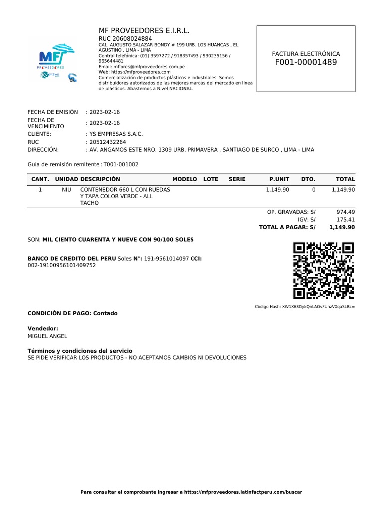 MF Proveedores E.I.R.L. RUC 20608024884 Factura Electrónica PDF